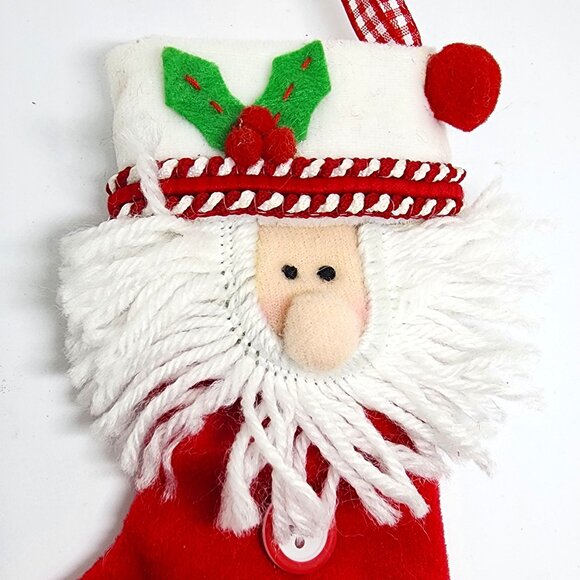Santa Claus Small Stocking Red White Buttons Ribbon Christmas Holiday Ornament - Picture 3 of 7